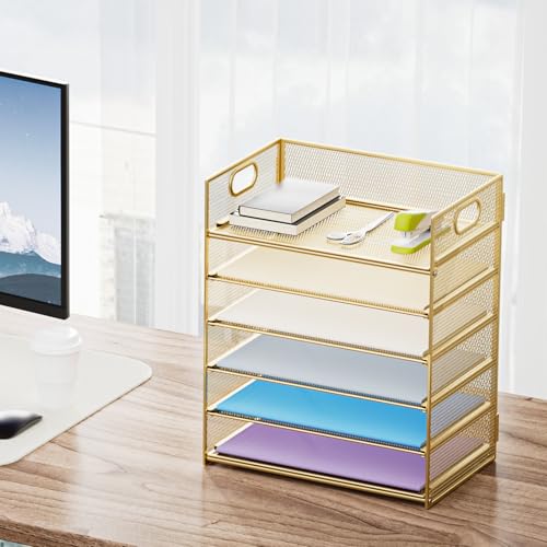 Marbrasse 2 Pack Desk Organizer with Handle, 6 Tier Paper Letter Tray, Mesh Desk File Organizer for Office, School and Home - Gold - color: Gold - 2p