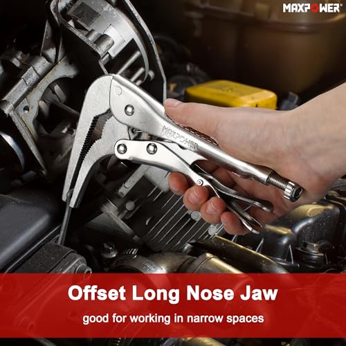 MAXPOWER 2PCS 90 degree Offset Long Nose Locking Pliers 7 inch and 10 inch - size: 7" 10"