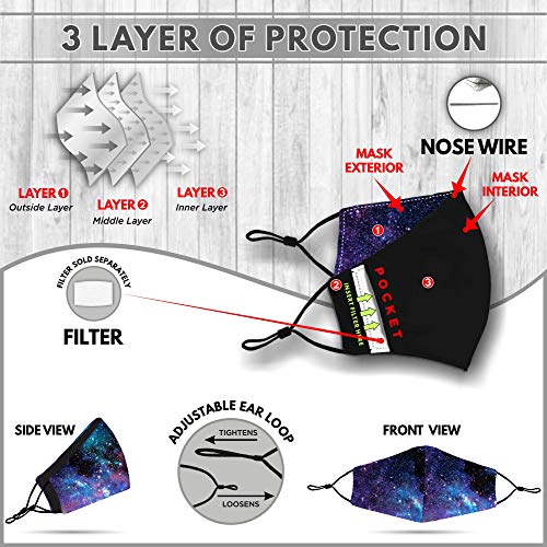 Washable Face Mask with Adjustable Ear Loops & Nose Wire - 3 Layers, Made in USA - color: Galaxy - Black