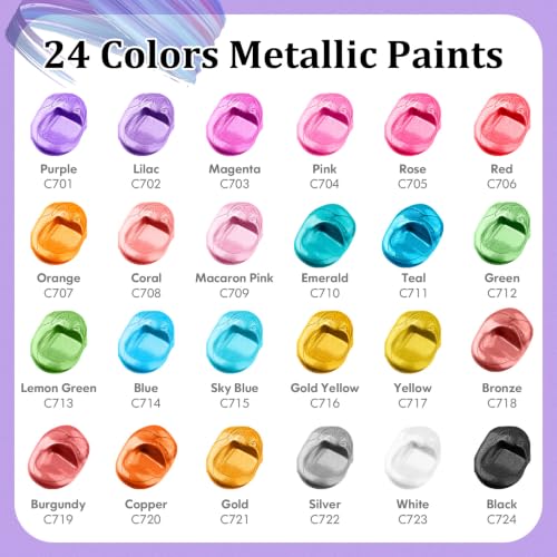 Caliart 24 Colors Metallic Acrylic Paint Set with 12 Brushes - color: Metallic, size: 2 Fl Oz (Pack of 24)