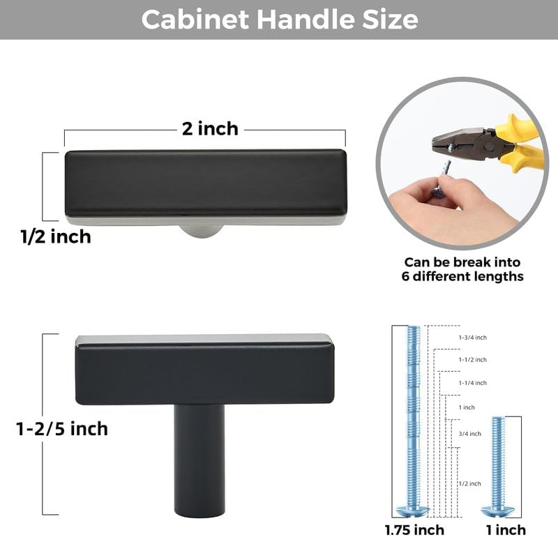 3 Pack Black Cabinet Knobs, 2in Length T-Square Bar Drawer Pulls | Single Hole Grip, Stainless Steel Build, Kitchen Cabinet Restyle, For Drawers, Dressers, Cupboards, Closet Doors - color: Matte Black, size: 3 Pack, style: Sqaure Bar