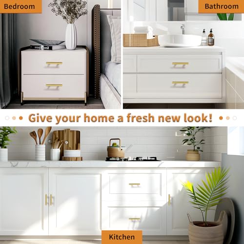 Probrico 5 Pack 2-1/2 inch Center-to-Center Kitchen Cabinet Pulls T Bar Gold Cabinet Handles Modern Drawer Hardware Dresser Pulls, 4 inch Total Length - color: Gold, size: hole center 2-1/2"