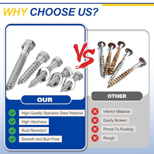 60 Pcs Hex Head Lag Screws 1/4" x2-1/2 SS 18-8 (304) Lag Bolts - color: Silver, size: 1/4"x2-1/2"