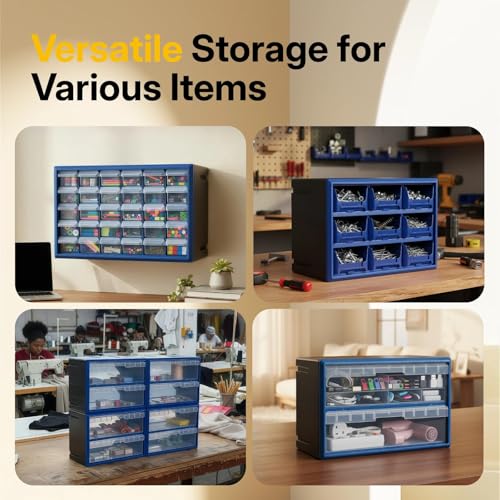 NORTHSKY 9-Bin Small Parts Cabinet, Stackable, Blue, 14.17 × 7.09 × 9.45 in 9 * Blue (9 Drawer & Clear) - size: 9 Drawer