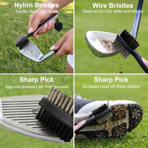 Golf Towel for Women with Club Brush & Divot Tool – 16"x24" Tri-Fold Waffle Microfiber Towel, Retractable Club Groove Cleaner & Divot Repair Tool, Golf Accessory Kit for Female Golfers (Pink) - color: Pink