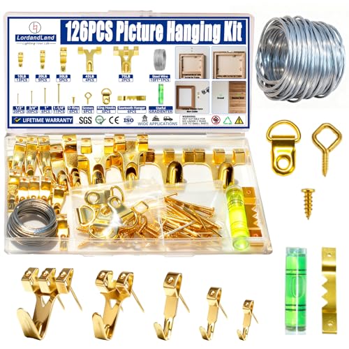 126Pcs Picture Hanging Kit, Picture Hangers Assorted Kit with Heavy Duty Picture Hanging Hooks/Hardware Nails/Sawtooth/Wire/D Rings/Level, Metal Picture Wall Hooks for Frame Canvas Mounting