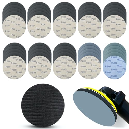 5 Inch 51pcs Wet Dry Sanding Discs Hook and Loop Foam Backing Pad, Waterproof Sandpaper Silicon Carbide for Random Orbital Sander, Automotive Wood Metal Polishing & Sanding 180-5000 Assorted Grit