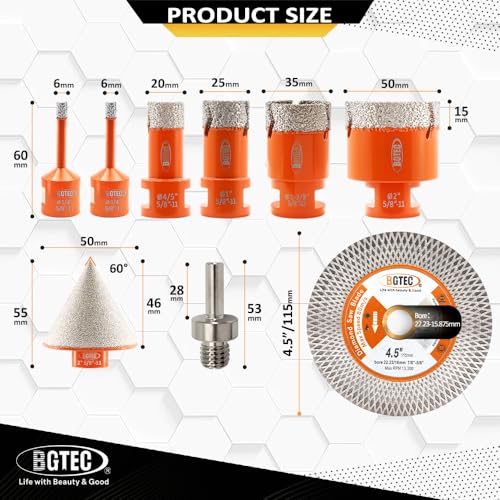 BGTEC Diamond Core Drill Bit 9PCS, Tile Hole Saw Kit 1/4" - 2" - size: 9 pcs - 6/6/20/25/35/50mm & 115mm Blade, style: Flash Toothed