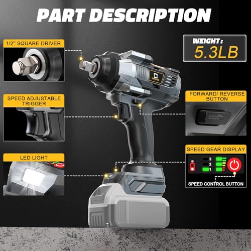 Cerycose Cordless Impact Wrench 1000FT-LBS Compatible with Dewalt Battery, 1/2 inch Brushless Electric 1360N.m Impact Gun Includes LED Work Light, High Torque Impact Driver, Bare Tool Only - size: 1/2inch, style: Fit for DeWalt(1000FT-lbs)