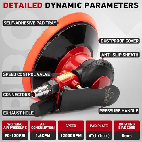 Professional 6" Dual Action Random Orbit Air Sander, Pneumatic Palm Sander, Low Vibration, Heavy Duty - color: Red, size: 6 inch