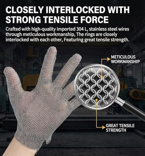 ANSI A9 Cut Resistant Stainless Steel Metal Mesh Chainmail Gloves,Butchers Gloves Food Grade For Kitchen Cooking, Oyster Shucking, Glass Processing, Tool Sharpening, 5 Finger, (S) - size: Small (Pack of 1), style: Steel Ring