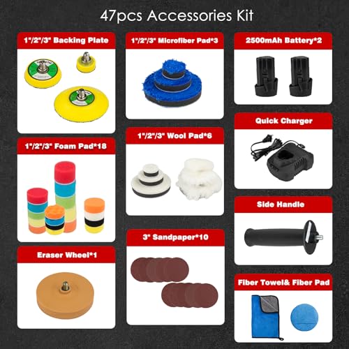 Cordless Buffer Polisher, 12V Mini Wax Buffer & Sander with 2 X 2.5Ah Battery & Charger, 1/2/3" Backing Plate, 40pcs Polishing Pads, Variable Speed for Car Detailing/Buffing/Sanding/Waxing