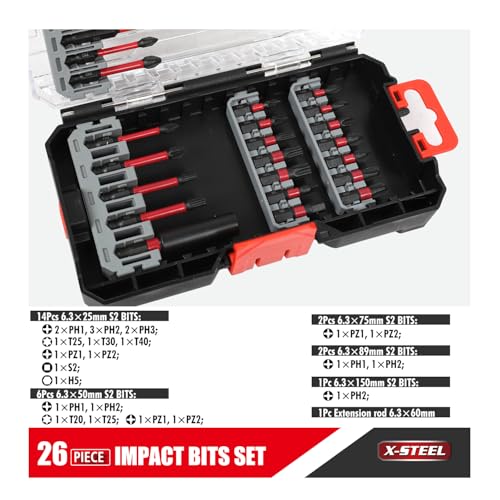 X-STEEL Impact Torx Bit Set 26pcs，CR-V Steel Security Torx Bit Sets，Magnetic Tamper Proof Star BitSet with Storage Box for Power Screwdrivers and Electric Drills - size: 26PCS