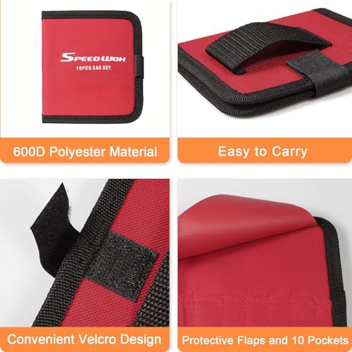 SPEEDWOX 10 Pockets Wrench Tool Organizer Bag, Tool Storage Bag for Mini Wrenches, SAE 5/32-7/16", Red Canvas Tool Organizer with Protective Flap - size: SAE Pouch