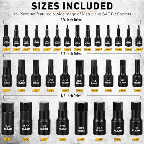 36-Piece Impact Hex Bit Socket Set Includes Socket Adapter, 1/4", 3/8", 1/2", SAE and Metric, H2-H19 & 3/4"-5/64", Cr-V Steel, Reinforced Storage Case, Automotive Mechanic Professional Tool Set - color: 36-piece Black
