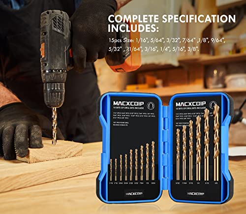 15Pcs(1/16"-3/8") Cobalt Drill Bit Set M35 HSS Jobber Length - size: 15pcs, 1/16"-3/8"