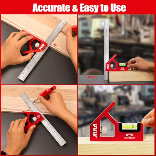 VNW 7inch Rafter Square and 12inch Combination Square Set -CNC-Machined Aluminum Alloy,Heavy Duty Carpenter Square for Woodworking and Home DIY