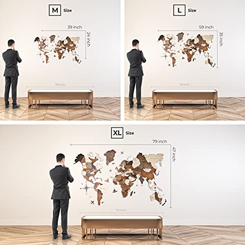 AWESOMETIK WALNUT 3D World Wood Map | 3D Wood Map of the World Easy Installation with Double Sided Tape Includes Add Ons Premium Durable Plywood Ideal for Home and Office Decor M, L, XL