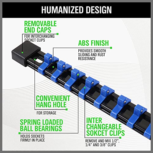 SWANLAKE 9-Piece Premium Socket Holder Organizer Set, 1/4-Inch x 48 Clips, 3/8-Inch x 45 Clips, 1/2-Inch x 36 Clips, Premium Quality Socket Clip Rail Holder - style: 9PCS Blue&Red&Black
