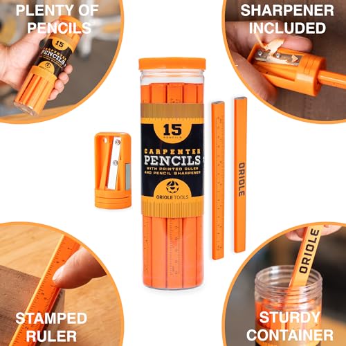 Carpenter Pencils 15 Pack with Sharpener and Storage Container — Flat Construction Pencils for Framing, Woodworking, Concrete, Drywall | For Contractors & DYI