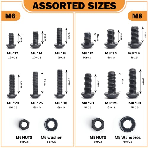400PCS M6 M8 Button Head Screws Kit, GTERNITY M6-1.0 M8-1.25 Assorted Machine Screws Nuts Washers Alloy Steel Black Oxide Metric Internal Hex Screws Bolts Nuts Washers Set - size: M6 m8 400 B