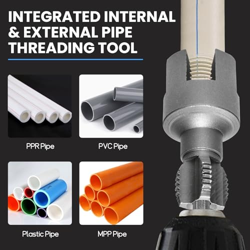 PVC Pipe Threader Kit, 1/2" and 3/4" Internal External Threading Tool with Seal Tape, Electric Drill Compatible for Plastic Pipe Plumbing Repair and Maintenance