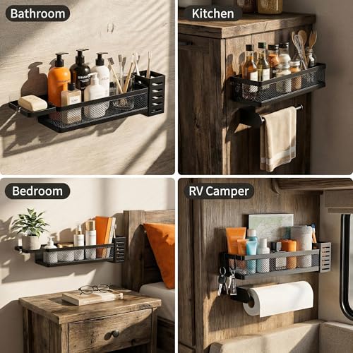 PUSDON 5-in-1 Wide Wall Mount Wrapped Mesh Kitchen Organizer & Shower Caddy Kit, with Paper Towel Holder, Utensil Holder, Soap Dish, Heavy Duty 50LBS - Matte Black, Netting - color: Matte Black, size: 5-in-1 Full Mesh (12.6" Wide)