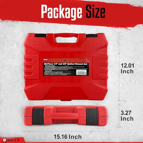 WETT 1/4" and 3/8" Drive Socket Set, 86-Piece Socket Wrench Set with Quick-Release Ratchet, Extention Bar, Adapter, 1/4" Bits, CR-V Steel, Metric/SAE, Deep/Shallow, Mirror Chrome Finish - size: 86pcs 1/4" & 3/8" (SAE/Metric, Deep/Shallow)