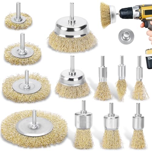 Wire Brush for Drill Set, 12Pcs Cup, Wheel & End Brush Kit with 1/4” Shank | Brass Coated Drill Brush Attachments for Rust Removal, Stripping, and Abrasive