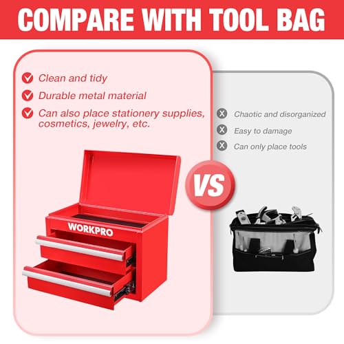 WORKPRO Metal Mini Tool Box with 2 Drawers and Top Storage - color: Red