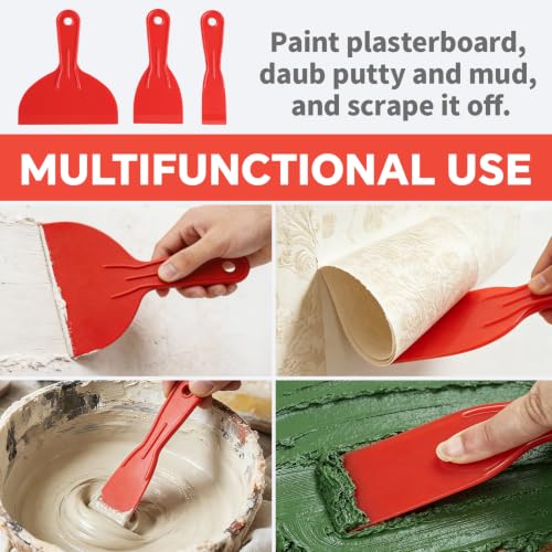Plastic Putty Knife Set - 3Pcs Red Plastic Scraper Tool, 1.5"/3"/6" Sizes Spackle Knife for Spackling, Painting, Drywall, Arts and Crafts, Tile Jobs, Tamale Making - color: Red