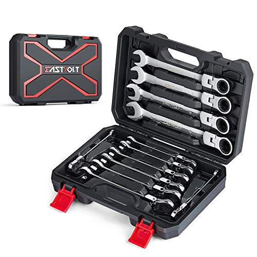 Eastvolt 12-Piece Flex-Head Ratcheting Wrench Set, Metric 8mm-19mm, Combination Ended Spanner kits, Chrome Vanadium Steel with Toolbox, EVHT1201 - size: Wrench set