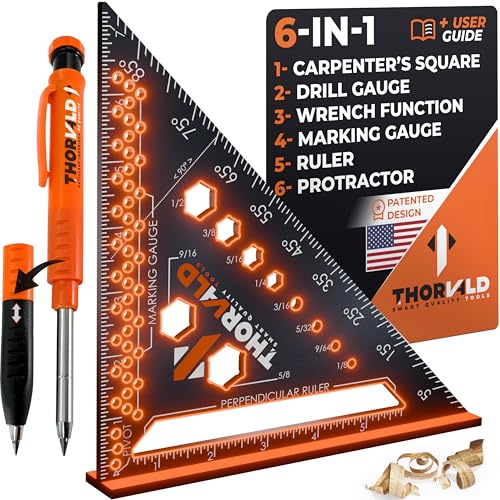 THORVALD 6-in-1 Carpenter Square 7 inch (1/16" Precision) T Square Multi-Purpose Carpenter Tools : Wrench, Square, Protractor, Ruler, Marking Gauge, Drill Gauge, Includes 2-in-1 Carpentry Pencil - color: 1 Square + 1 Pencil