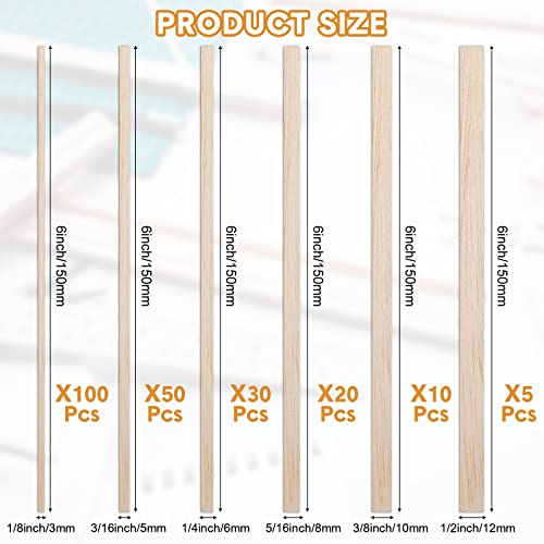 Yulejo 215 Pieces Balsa Wood Sticks Wooden Dowel Rods Square Hardwood Unfinished Wooden Strips for DIY Molding Crafts Projects Making(1/8, 3/16, 1/4, 5/16, 3/8, 1/2 Inch) - size: 1/8, 3/16, 1/4, 5/16, 3/8, 1/2 Inch