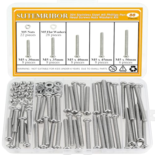 88 Pieces M5 x 30/35/40/45/50mm Machine Screws Nuts Washers Set, Sutemribor M5 Long Screws, M5 Phillips Pan Head Machine Screws Nuts Washers Assortment Kit, 304 Stainless Steel, Fully Threaded - size: M5 Long Screws Kit, style: Phillips Pan Head