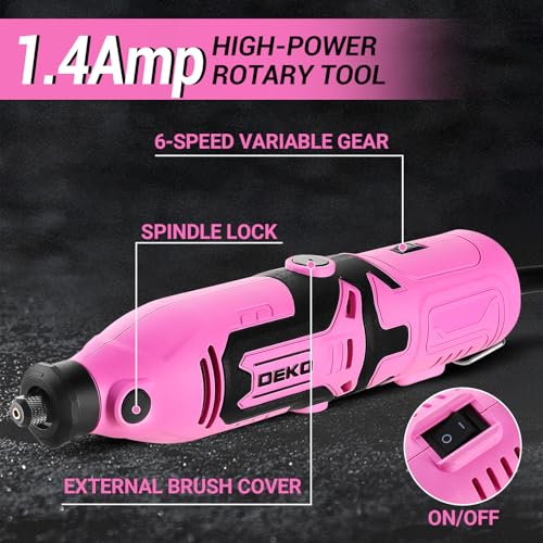 Rotary Tool Kit:DEKOPRO 1.4-Amp Power Hand Rotary Tools with 6 Variable Speed, 127pcs Accessories, 8000~35000RPM Electric Grinder Drill Machine Set with Flex Shaft for Carving, Cutting, Sanding Pink - color: Pink