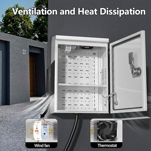 Outdoor Electrical Box with Thermostat and Fan, Cold-Rolled Steel Plate, Aluminum Alloy Back Beam, One-Piece Ventilation Design, IP65 Waterproof, Wall/Pole Mounted. (17.7" x 13.8" x 8") - size: 17.7" x 13.8" x 8"