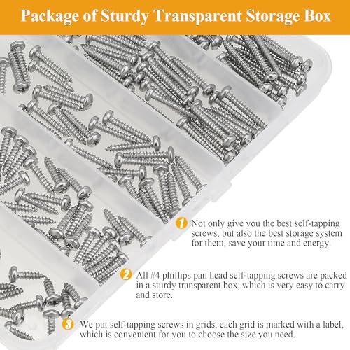 215 Pieces #4 x 3/8" 1/2" 5/8" 3/4" 1" Wood Screws Set, Phillips Pan Head #4 Self-Tapping Screws Assortment Kit, 304 Stainless Steel - size: #4, style: Phillips Pan Head