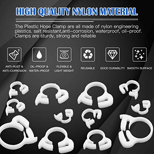 Glarks 48Pcs 8 Size Heavy Duty White Double Gripping Nylon Hose Clamps Set, 6.6-27.2mm Plastic Snap Ratcheting Clamps Assortment Kit (White 48Pcs)