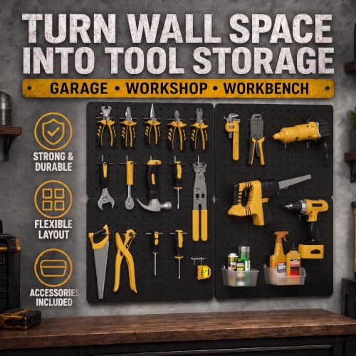 Pegboard Organizer Kit, 4 Pack 12 x 16 in Metal Panels with 6 Bins, Black - color: Black, size: 16"x12"- 4 Pcs