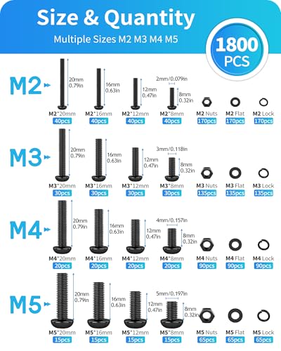 1800PCS Metric Screw Assortment, Metric Bolt Assortment Kit M2 M3 M4 M5 Machine Screws with Lock & Flat Washers, Grade 10.9 Alloy Steel Hex Socket Button Head Black Screws Nuts and Bolts Kit (Black) - size: M2M3M4M5 1800PCS (Black)