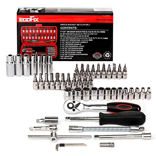 Egofine 53 Pieces 1/4 inch Drive Socket Ratchet Wrench Set with 72 Tooth Reversible Ratchet, with Bit Socket Set and Extension Bar for Auto Repairing and Household, with Storage Case - style: 1/4" 53 PCS with 72 Teeth Ratchet