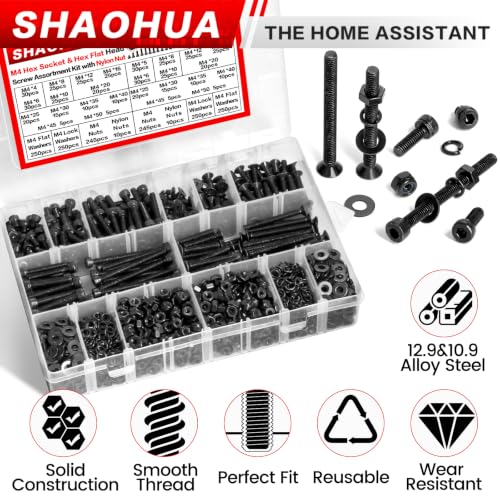 2002Pcs M4 Hex Socket & Flat Head Bolts and Nuts with Nylon Nuts - size: L. M4