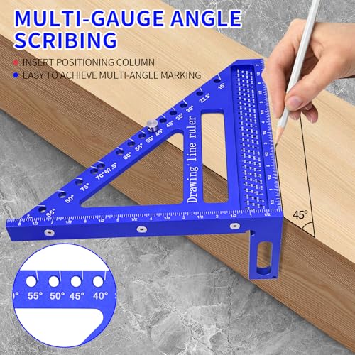Large Carpenter Square 8.42" x7.67 Precision Woodworking Tools 15-90 Degree Versatile 3D Multi-Angle Square with Angle Pin for Woodworking,Engineering and Construction - color: Blue