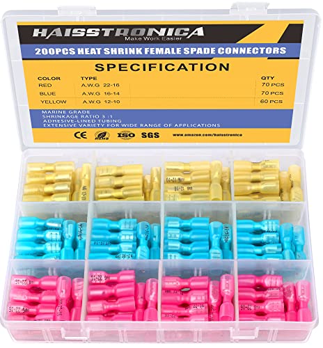 haisstronica 200PCS Heat Shrink Spade Connectors, 22-10 AWG, Female - size: AWG 22-10, style: Female 200PCS