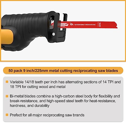 50 Pack 9 in 14/18 TPI Bi-Metal Reciprocating Saw Blades with Organizer Carbide Alloy Steel for Automobile Dismantling Metal Steel Cutting Non-Stick Coated for Less Heat for 1/16-5/16 Medium Metals - size: 9in 50Pack, style: 14/18 Tpi