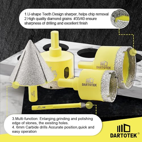 Diamond Core Drill Bits Set 10PCS - DARTOTEK Tile Hole Saw Kit (6/6/6/20/25/32/35/50mm/1 3/8"/6mm for Porcelain, Ceramic Tile, Granite, Marble, Masonry - size: set7