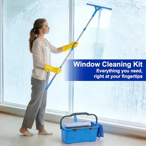 Professional Window Cleaning Kit, Window Washing Kit with 3 Gallon Bucket, 14-Inch Squeegee & 15-Inch Scrubber, 61-Inch Extendable Pole, Window Cleaning Equipment for Home & Commercial (61 inch) - size: 61 inch-1