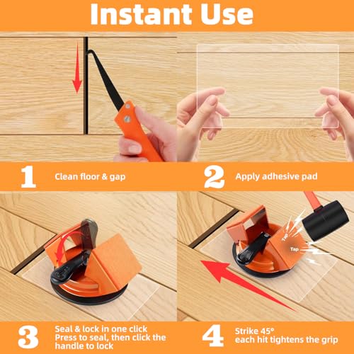 Floor Gap Fixer Tool Kit (4 in 1) – Heavy Duty 45° Striking Surface Floor Gap Repair Tool with Hammer, Crevice Cleaning Tool, 5Pcs Sticky Pads, Iron & Enhanced Suction Cup for Laminate/Vinyl Flooring