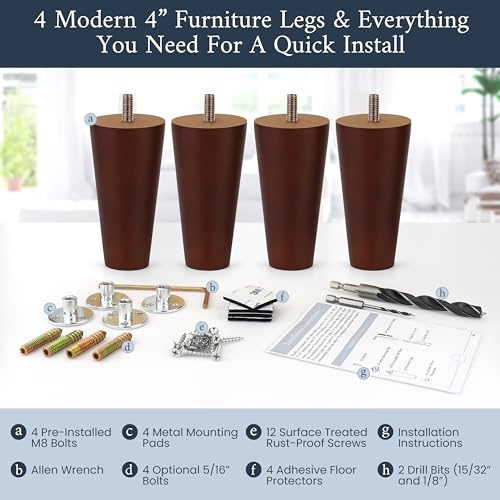 Airy Abode Premium Walnut Wood Furniture Legs (Full Install Kit) - Pick Your Size and Color - color: Brown, size: 4 Inches